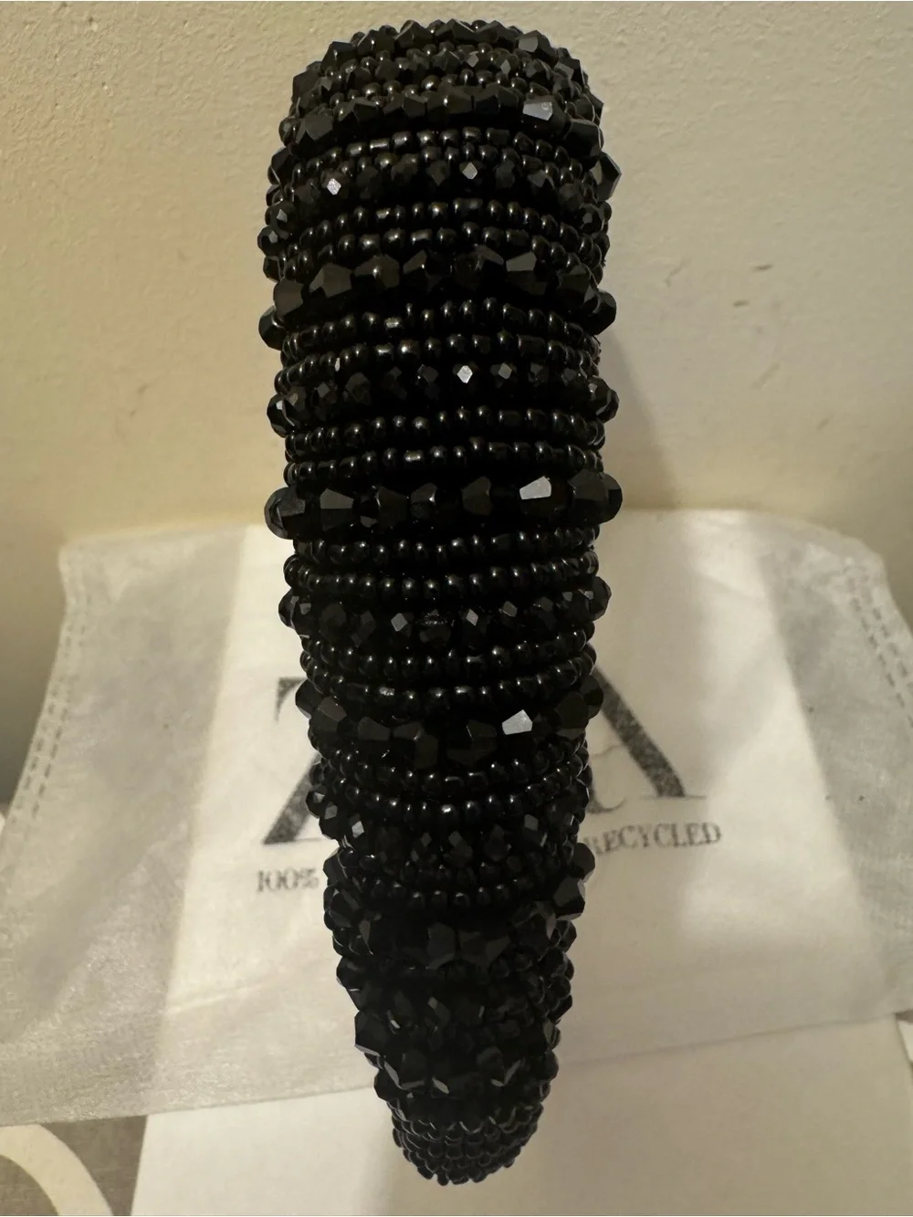 Zara Rare Padded Black Beaded Rhinestone Headband EUC with Dust Bag